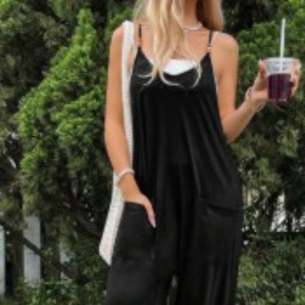 Patch Pocket Drop Crotch Hem Slip Jumpsuit, Black, Size Large